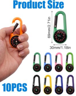 Pack of 10 Carabiner Hooks, Mini Compass, Colourful Carabiner Compass, Mini Compass, Compass, Outdoor Children’s Pendant, Multifunctional Portable Compass, Small for Outdoor Hiking Camping