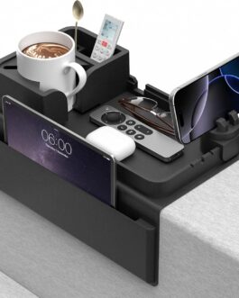 CLESOO Sofa Tray Armrest with Drink Holder, Non-Slip Sofa Tray with Two Side Pockets and Phone Holder, Silicone Anti-Spill Couch Organiser for Cup, Phone, Tablet, Snack, Black