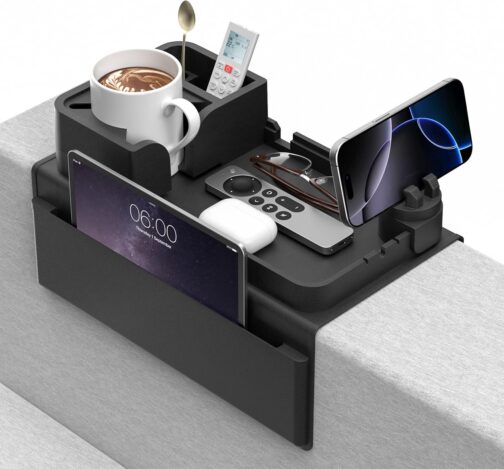 CLESOO Sofa Tray Armrest with Drink Holder, Non-Slip Sofa Tray with Two Side Pockets and Phone Holder, Silicone Anti-Spill Couch Organiser for Cup, Phone, Tablet, Snack, Black