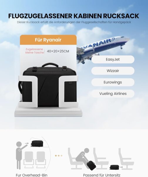 LOVEVOOK Ryanair Hand Luggage 40 x 20 x 25 cm, Small Travel Backpack, Hand Luggage, Aeroplane Men Women, 14 Inch Laptop Backpack Bag, 20 L Carry On Luggage Travel Backpack Suitcase Backpack for – Bild 2