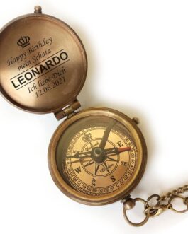 Personalised Compass Brass Vintage Look with Desired Engraving Your Name and Text Various Designs Great Gift Idea Leather Case Wooden Box