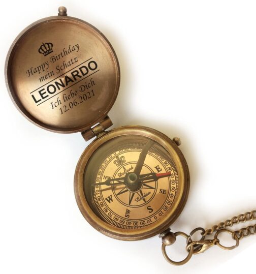 Personalised Compass Brass Vintage Look with Desired Engraving Your Name and Text Various Designs Great Gift Idea Leather Case Wooden Box
