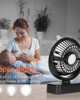 Portable Camping Fan Hanging Fan with LED Light, 40 Hours Operating Time, Rechargeable Table Fan with Hanging Hook for Tent, Motorhome, Survival Equipment, Office, Study