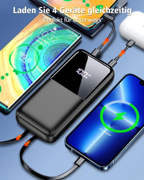 Power Bank 26800 mAh, Portable Charger with 3 Ports and 2 Integrated Cables, USB C Quick Charge Power Bank, External Battery, Compatible with iPhone 16 15 14 13 Samsung Galaxy, Black – Bild 4