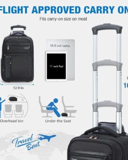 Ponhog Backpack with Wheels, Business Backpack Trolley Hand Luggage Aeroplane Travel Backpack Laptop Backpack with 15 Inch Laptop Compartment Backpack for University, Work, Black