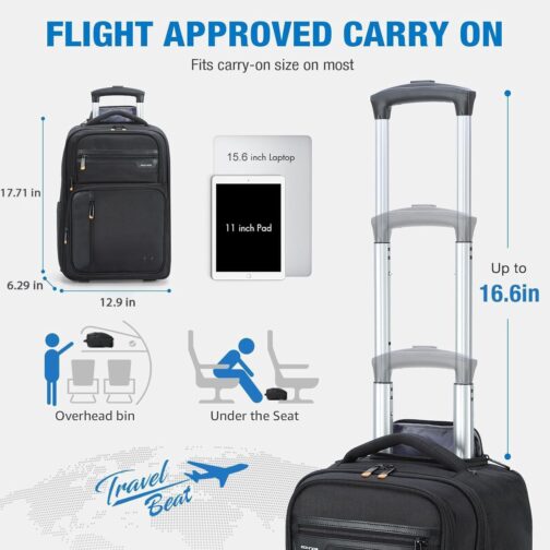 Ponhog Backpack with Wheels, Business Backpack Trolley Hand Luggage Aeroplane Travel Backpack Laptop Backpack with 15 Inch Laptop Compartment Backpack for University, Work, Black – Bild 2