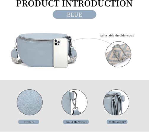 ER.Roulour Shoulder Bag Bum Bag Women's Soft Leather Belt Bag Waist Bag with Wide Strap and Coin Crossbody Bag, blue, Retro – Bild 4