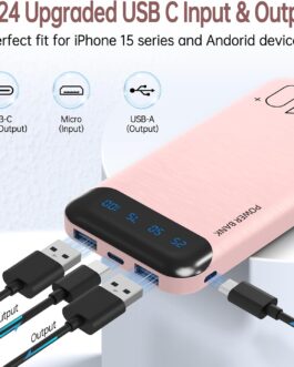 Power Bank 10000 mAh Mobile Phone Portable Charger External Battery Pack with 2 USB 2.4A Outputs and USB C Input Compatible with Huawei iPhone 12 11 X iPad Samsung S20 Android Tablet (Pink, Large)