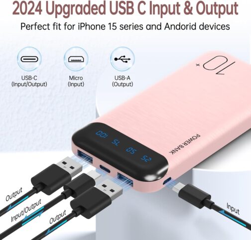 Power Bank 10000 mAh Mobile Phone Portable Charger External Battery Pack with 2 USB 2.4A Outputs and USB C Input Compatible with Huawei iPhone 12 11 X iPad Samsung S20 Android Tablet (Pink, Large) – Bild 2