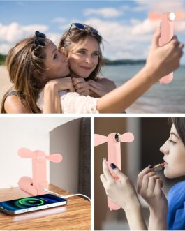 Handheld Fan, USB Fan, Portable Mini Fan, 3-in-1 Foldable Fan, Small, Small Pocket Fan with Power Bank, Beauty Mirror Function for Travel, Home, Office, Outdoor (Rose)