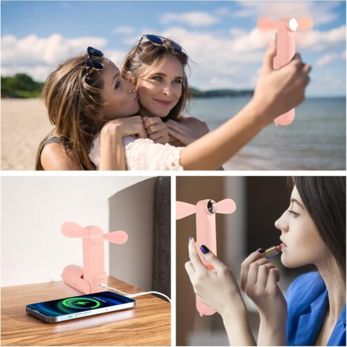 Handheld Fan, USB Fan, Portable Mini Fan, 3-in-1 Foldable Fan, Small, Small Pocket Fan with Power Bank, Beauty Mirror Function for Travel, Home, Office, Outdoor (Rose) – Bild 2