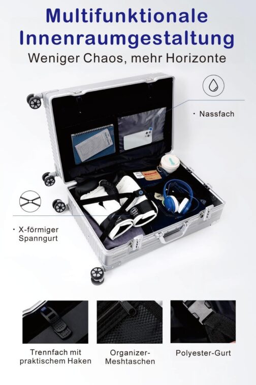 yuweijie Hand Luggage Suitcases & Trolleys Aluminium Frame Hard Shell in Polycarbonate, Travel Suitcase with 4 Wheels, Large Suitcase, TSA Lock, Silver (Aluminium Frame + PC), S, Aluminium hard shell – Bild 5