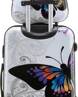 BEIBYE Butterfly 2060 TSA Lock 4-Piece Travel Suitcase Trolley – Robust Hard Shell Suitcase Set Including Hand Luggage and Beauty Case, Butterfly