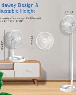 AKOFIC Portable Floor Fan, Quiet, 8 Inch Battery & Solar Powered Fan, Foldable USB Table Fan with 5200 mAh Battery, Height Adjustable Telescopic Fan for Bedroom, Office, Camping