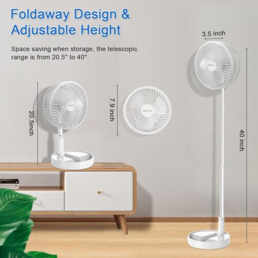 AKOFIC Portable Floor Fan, Quiet, 8 Inch Battery & Solar Powered Fan, Foldable USB Table Fan with 5200 mAh Battery, Height Adjustable Telescopic Fan for Bedroom, Office, Camping – Bild 2