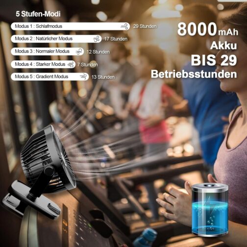 8000 mAh Mini USB Clip Fan Battery, 13 cm Small Table Fan with Remote Control, 5-Speed, LED Display, 360° Rotation, Rechargeable Battery, Portable Table Fan for Home, Office, Camping, Pushchair – Bild 4