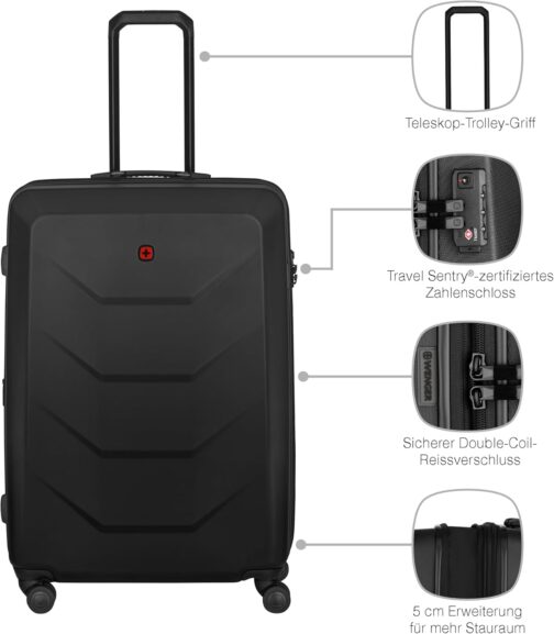 WENGER Prymo 4 Wheel Hard Shell Suitcase Trolley Carry On Luggage Security Lock Women Men Travel Holiday, black, Hardside Expandable Luggage with Wheels – Bild 4