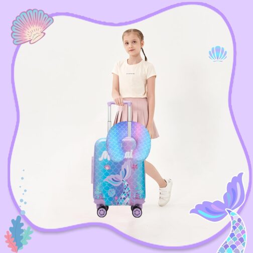 HTgroce 2-Piece Children's Suitcase Set, Children's Travel Suitcase with Backpack, Neck Pillow & Suitcase Tag, Travel Trolley with Wheels for Children, Hard Case for Boys and Girls, mermaid, S – Bild 6