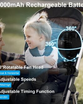 ELZO 12000 mAh USB Fan Quiet Max 60H Working Time, Hand Fan with 3 Speeds 360° Rotation, Portable Clip Fan, Table Fan with Flexible Tripod for Pram, Office, Car