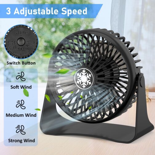 JATEKA Mini USB Table Fan, 3 Speeds Strong Fan with 1.2 m USB Cable, Desktop Quiet Fan 360° Rotation Adjustment, Removable Grid for Office and Bedroom - Black – Bild 2