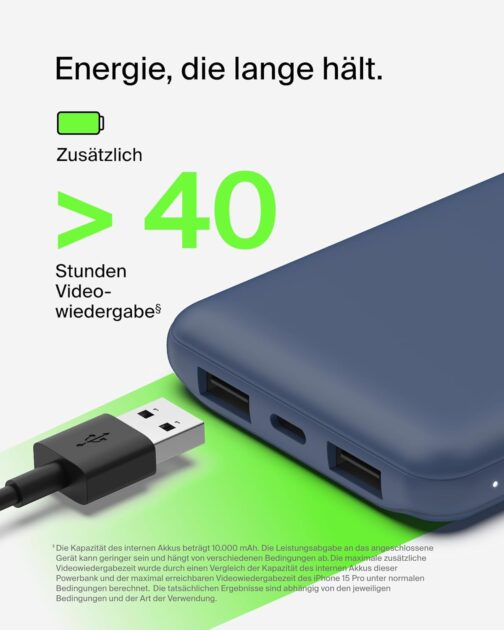Belkin USB C Power Bank 10000mAh 1 USB-C Port and 2 USB-A Ports for Charging iPhone, AirPods, iPad, Android or Other Devices up to 15 W) - Blue – Bild 3