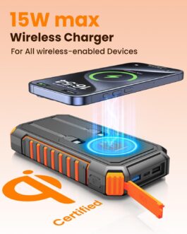 Wireless Solar Power Bank 27000 mAh – Riapow 22.5 W Quick Charge Solar Power Bank with 2 Cables & LED Torch, USB C PD QC 3.0 External Battery for Phone Tablet Camping