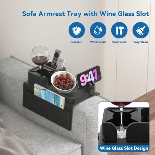 CLESOO Sofa Tray Armrest with Drink Holder, Non-Slip Sofa Tray with Two Side Pockets and Phone Holder, Silicone Anti-Spill Couch Organiser for Cup, Phone, Tablet, Snack, Black – Bild 4