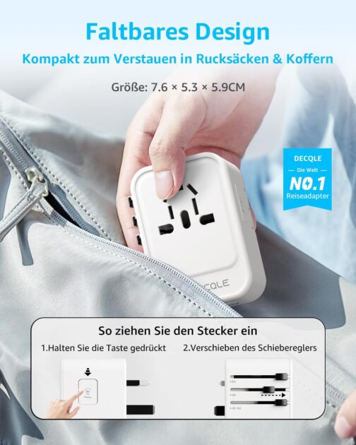 decqle Travel Adapter Worldwide, Universal Travel Plug with 2 USB-C (PD 20W), 1 USB-A and 1 AC Socket, International Socket Adapter, AC Adapter Universal Adapter for EU, UK, US, AU (White) – Bild 5