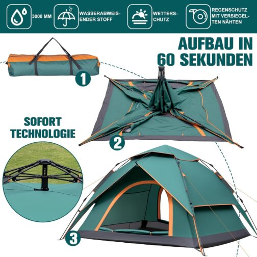 Newfulam Camping Tent 3-4 People, 60S Car Pop Up Tent, Waterproof Dome Tents, Pop Up Tent, Quick Assembly with 2 Mesh Doors, UV, Windproof for Camping, Outdoor, Trekking – Bild 9