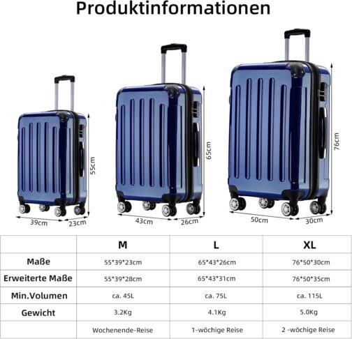 BEIBYE Hard Shell Suitcase, Trolley Suitcase, 4 Twin Wheels, Polycarbonate, blue – Bild 6