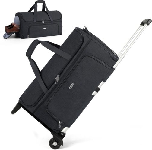 Lekespring Garment Bag with Wheels, Convertible Weekender Bag, Large Carry-on Garment Bag for Travel, Garment Duffle Bag, black