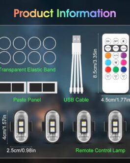 Mineup Pack of 4 Wireless LED Lights, 8 Coloured Strobe Drone Light, Remote Control Flash Light with Remote Control, USB Charging, Anti-Collision Lights, LED Aeroplane Flash Light for Drone Motorcycle