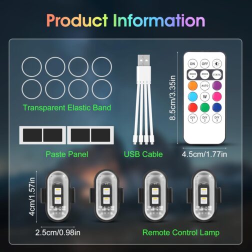 Mineup Pack of 4 Wireless LED Lights, 8 Coloured Strobe Drone Light, Remote Control Flash Light with Remote Control, USB Charging, Anti-Collision Lights, LED Aeroplane Flash Light for Drone Motorcycle – Bild 2