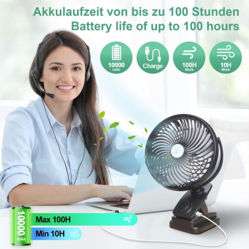 Oscillation Table Fan 10000 mAh Mini USB Fan Continuous Speed Quiet Clip Fan with LED Light, Portable Hanging Hook Camping Clamp Fans 100 Hours Rechargeable, Diameter 18 cm – Bild 3