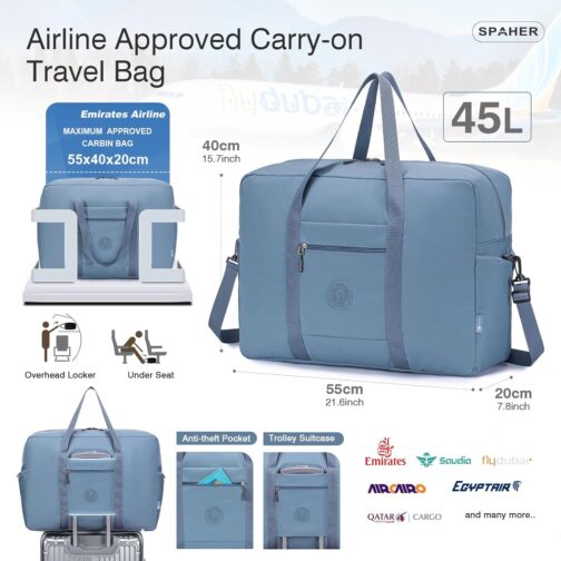 SPAHER Ryanair Travel Bag Large Foldable Travel Bags Hand Luggage 55 x 40 x 20 cm Lightweight Aeroplane Organiser Duffle Bag 45L Packable Holdall Waterproof Handbag for Men and Women, blue, travel bag – Bild 2