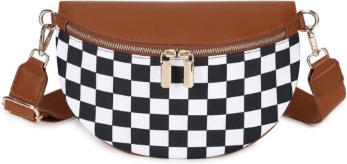 uniosul Women's Shoulder Bag, Wide Strap, Bum Bag, Stylish Checkered Crossbody Bag, Small Shoulder Bag for Festival Travel