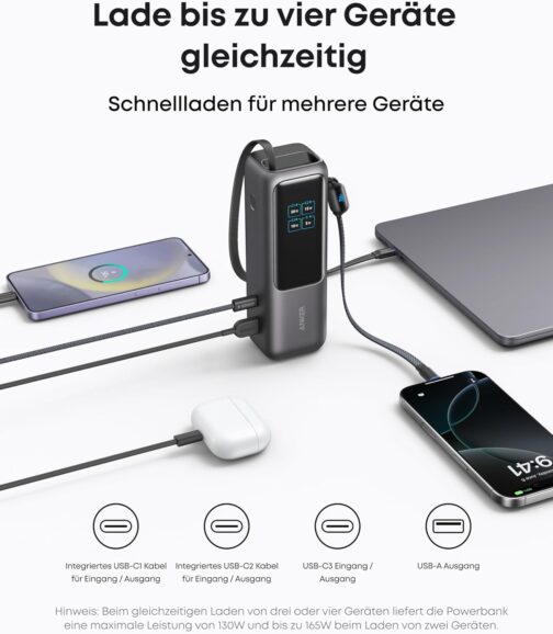 Anker Laptop Power Bank, 25,000 mAh External Battery with 3 x 100 W USB-C Ports for Multi-Device Charging Power, Integrated + Retractable Cable, for iPhone 16/15, MacBook, Samsung and More – Bild 5