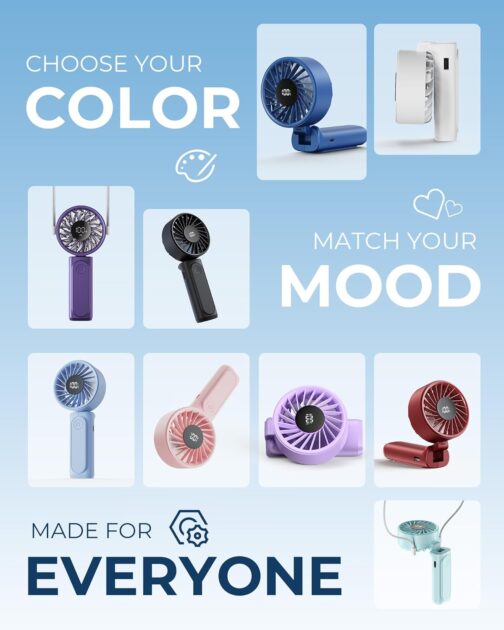 Peiyuu Portable Handheld Fan, Neck Fan, Mini Desk Fan, 4000mAh Long Battery Life, Safe and Reliable, 6 Speed Visual Adjustment (Blue) – Bild 6