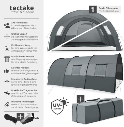 tectake® Tunnel Tent, 6 People, Family Tent, Large Tent with Awning and Groundsheet, UV Protection, Camping Tent with Carry Bag, 350 x 480 x 195 cm, Dark Grey/Light Grey – Bild 2