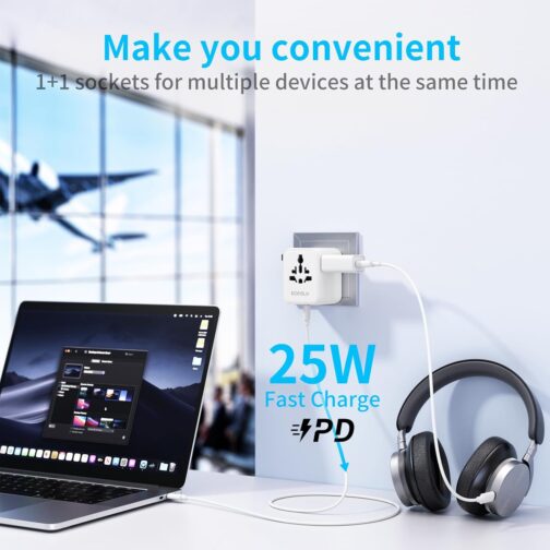 25 W Travel Adapter Worldwide, 5 in 1 Universal Adapter with USB A, USB C, 1 Worldwide Socket and US/JP Socket, Travel Plug International Socket Adapter for EU USA UK Canada Japan Australia – Bild 3