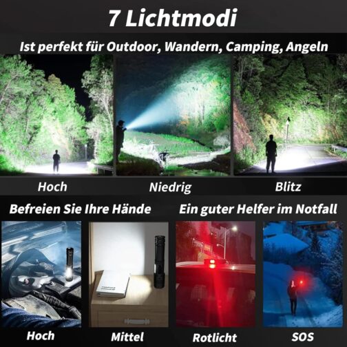 cinlinso LED Torch 500,000 Lumens, Extremely Bright Torch USB-C Rechargeable Tactical Torches with Holster, 7 Light Modes, Zoomable, IPX6 Waterproof for Camping, Hiking, Emergencies (with Battery) – Bild 4