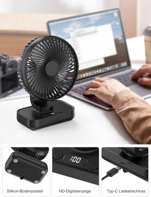 Joneytech Tischventilator Leise Automatisch Oszillierend, 4000mAh Akku USB Klein Tragbarer 4 Geschwindigkeiten LED-Digitalanzeige für den Schreibtisch, Zuhause, Picknicks und Büro- 12V mini ventilator – Bild 7