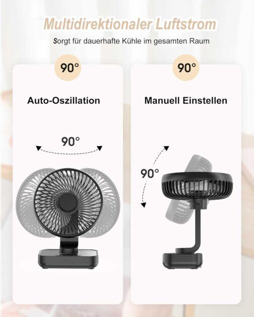 Joneytech Tischventilator Leise Automatisch Oszillierend, 4000mAh Akku USB Klein Tragbarer 4 Geschwindigkeiten LED-Digitalanzeige für den Schreibtisch, Zuhause, Picknicks und Büro- 12V mini ventilator – Bild 2