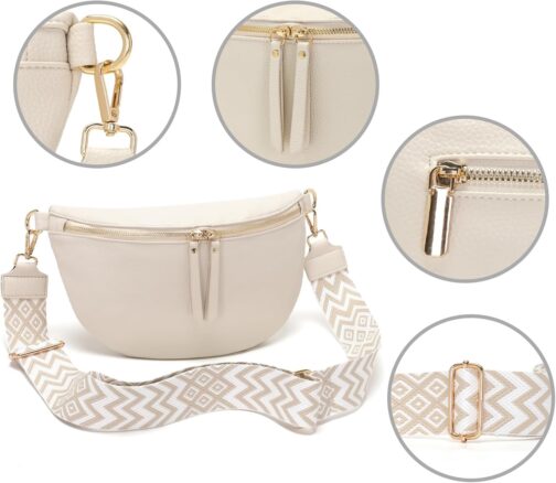 Vezluax 30 x 20 cm Large Bum Bag Women's Vegan Leather Shoulder Bag Women's Crossbody Bag Stylish Belt Bag with Wide Strap, L-beige, Utility – Bild 4