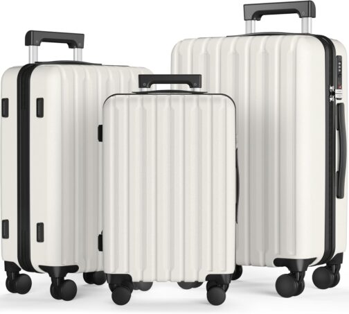 SHOWKOO Suitcase Set Hard Shell Expandable Lightweight 100% Polycarbonate Durable Travel Suitcase Trolley Hand Luggage Sets with TSA Lock and 4 Wheels, White
