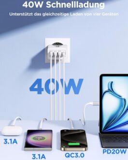 40 W USB C Charger, 2 Pack 4 Ports Charger Multiple with USB-C and USB-A, Quick Charger PD 3.0 Power Adapter Power Supply USBC Plug for iPhone 16 15 14 13 12 11 X 8 7 6 SE, iPad, Samsung S25 24 23 22