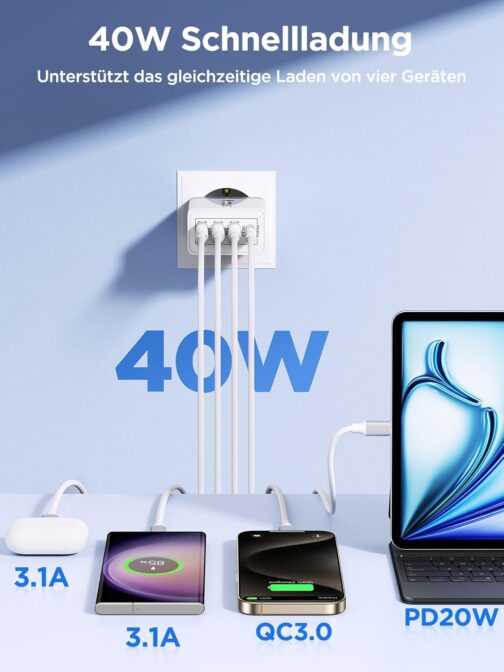 40 W USB C Charger, 2 Pack 4 Ports Charger Multiple with USB-C and USB-A, Quick Charger PD 3.0 Power Adapter Power Supply USBC Plug for iPhone 16 15 14 13 12 11 X 8 7 6 SE, iPad, Samsung S25 24 23 22 – Bild 2