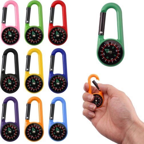 Pack of 10 Carabiner Hooks, Mini Compass, Colourful Carabiner Compass, Mini Compass, Compass, Outdoor Children's Pendant, Multifunctional Portable Compass, Small for Outdoor Hiking Camping
