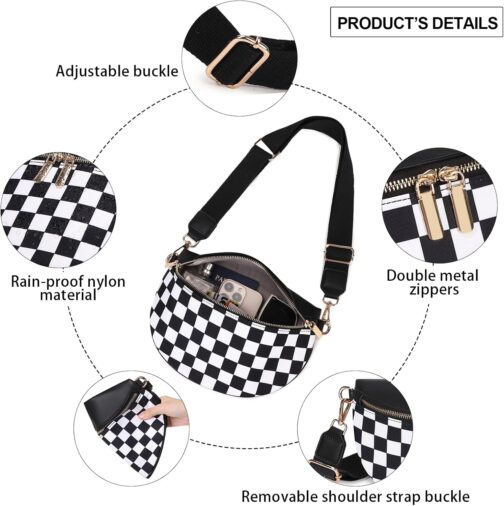 uniosul Women's Shoulder Bag, Wide Strap, Bum Bag, Stylish Checkered Crossbody Bag, Small Shoulder Bag for Festival Travel – Bild 5