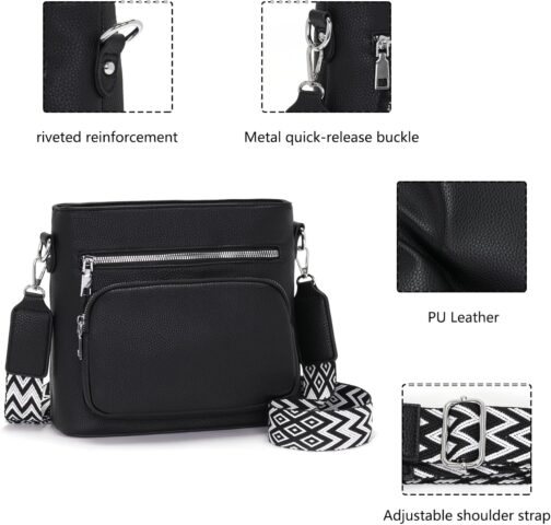 Snmoec Shoulder bag women's medium size women's handbag medium size crossbody bag vegan leather shoulder bag with wide strap handbags black, black – Bild 5